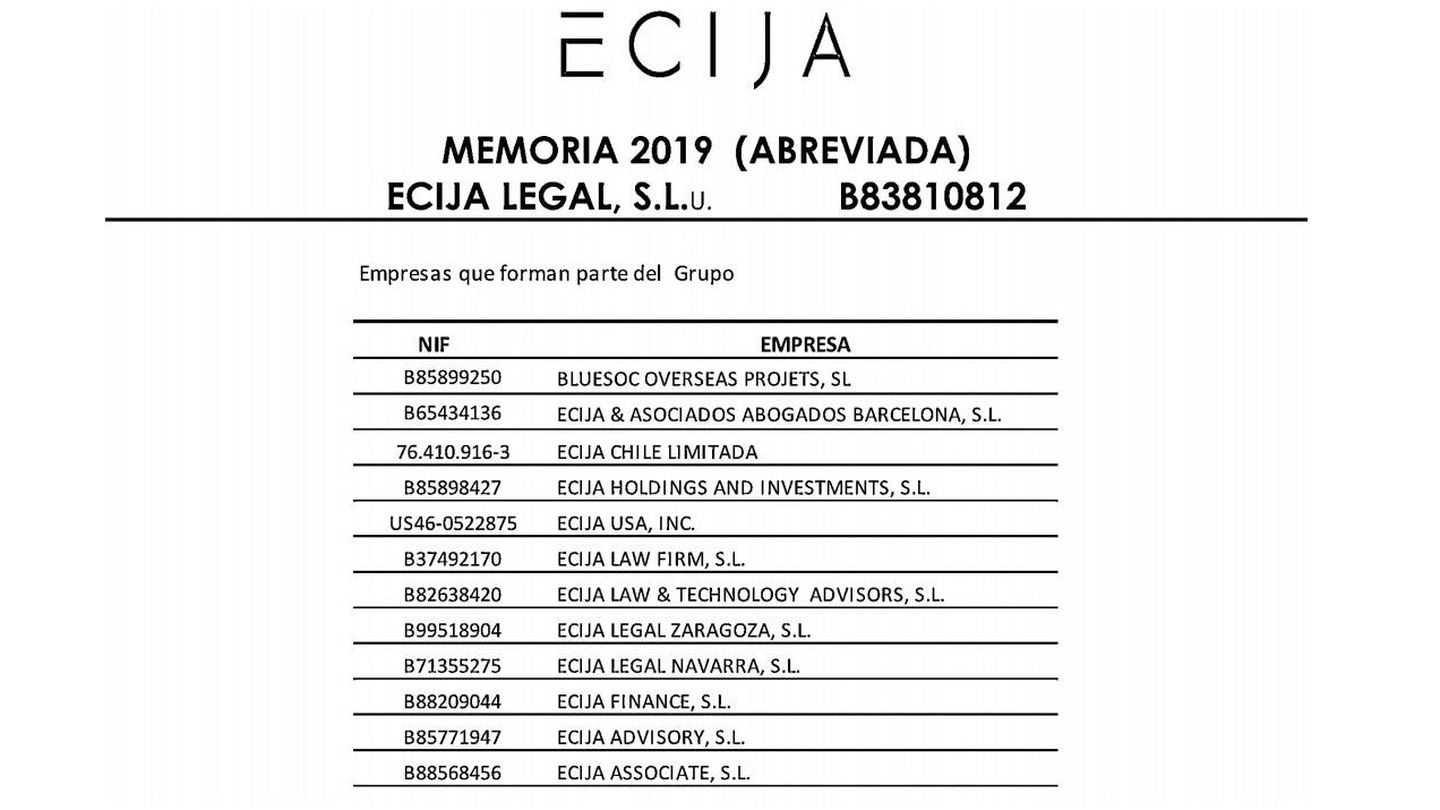 Listado de las 12 empresas que conforman el grupo Ecija. Captura de las cuentas de Ecija Legal SL.