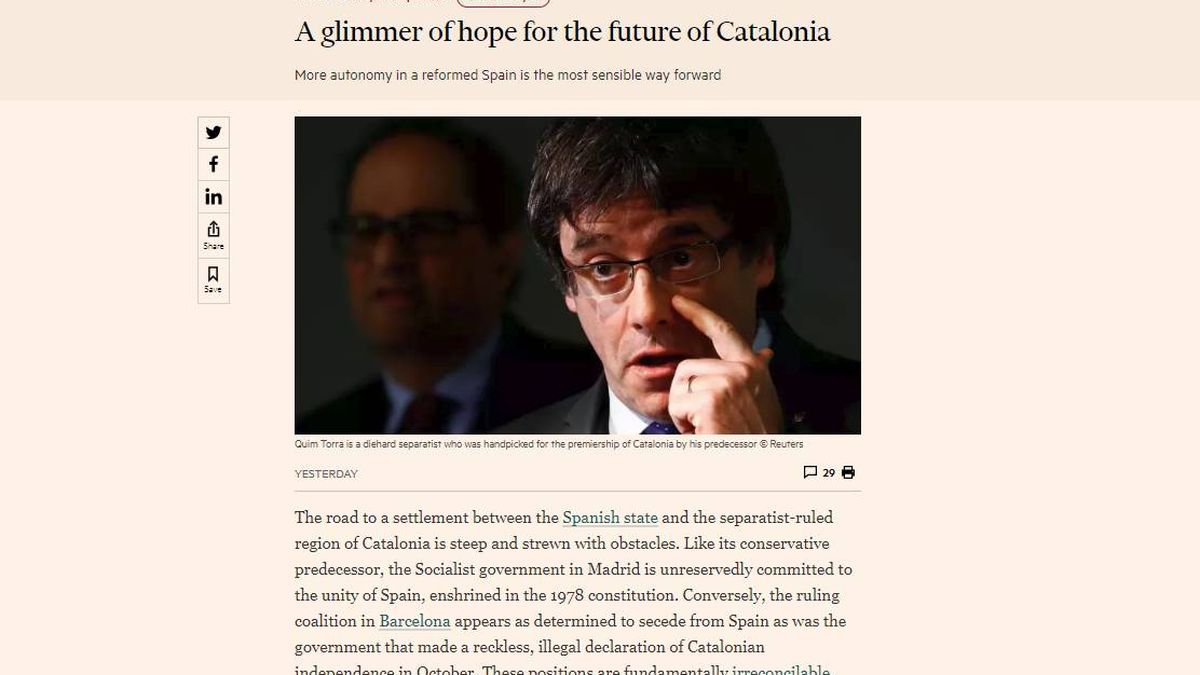 "Más autonomía financiera": la propuesta del 'Financial Times' para la crisis en Cataluña