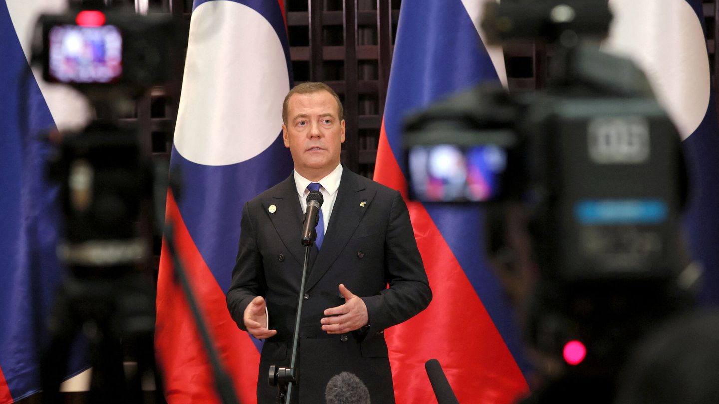 Russia's Deputy head of the Security Council Dmitry Medvedev speaks during a news conference in Vientiane, Laos, May 23, 2023. Sputnik Yekaterina Shtukina Pool via REUTERS ATTENTION EDITORS - THIS IMAGE WAS PROVIDED BY A THIRD PARTY.
