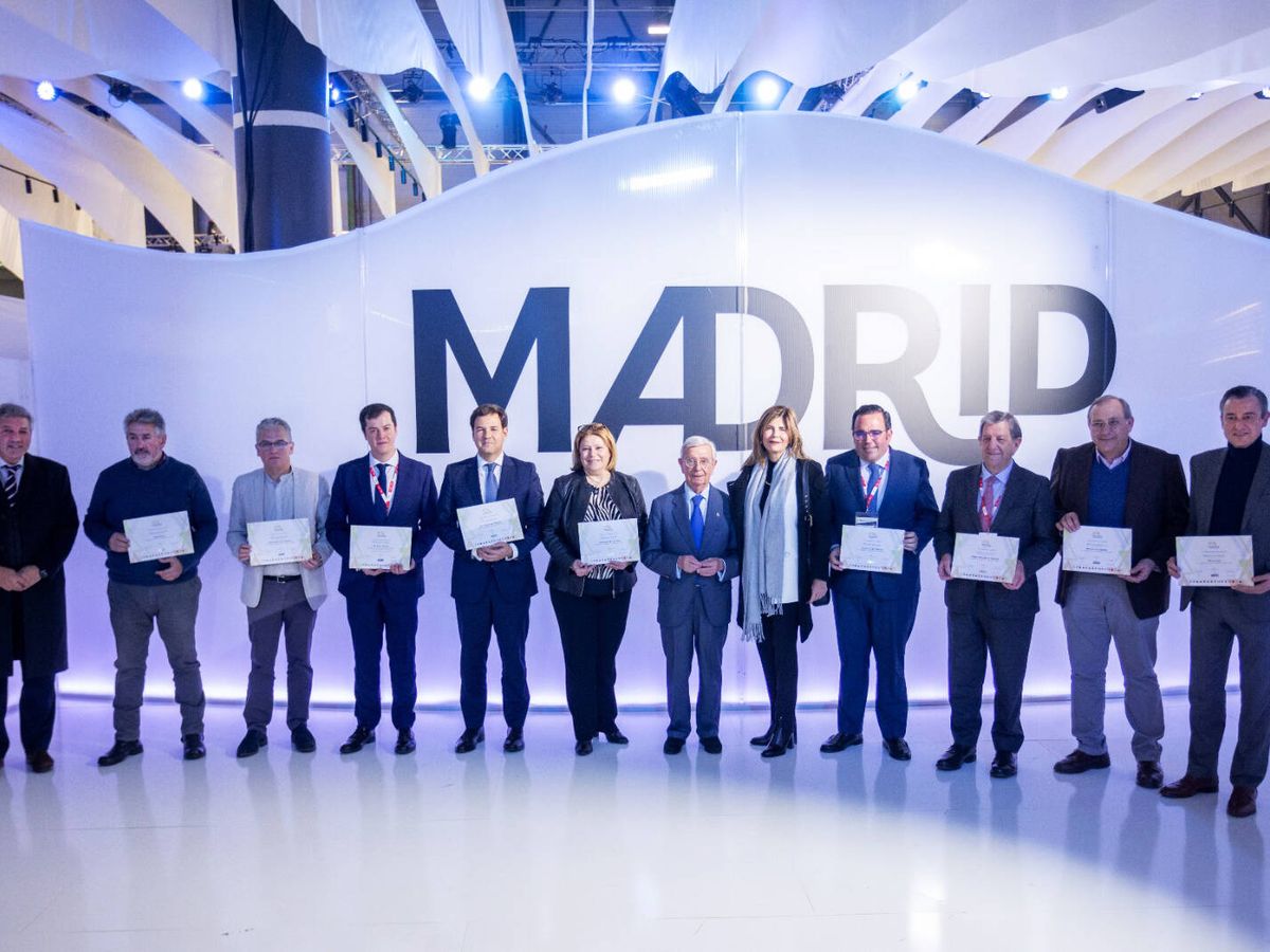 Foto: Reconocimientos de “Madrid de Pueblo a Pueblo” en Fitur: los alcaldes junto a Luis Martín, Lorena Larios y Rafael Ansón. (AIBG)