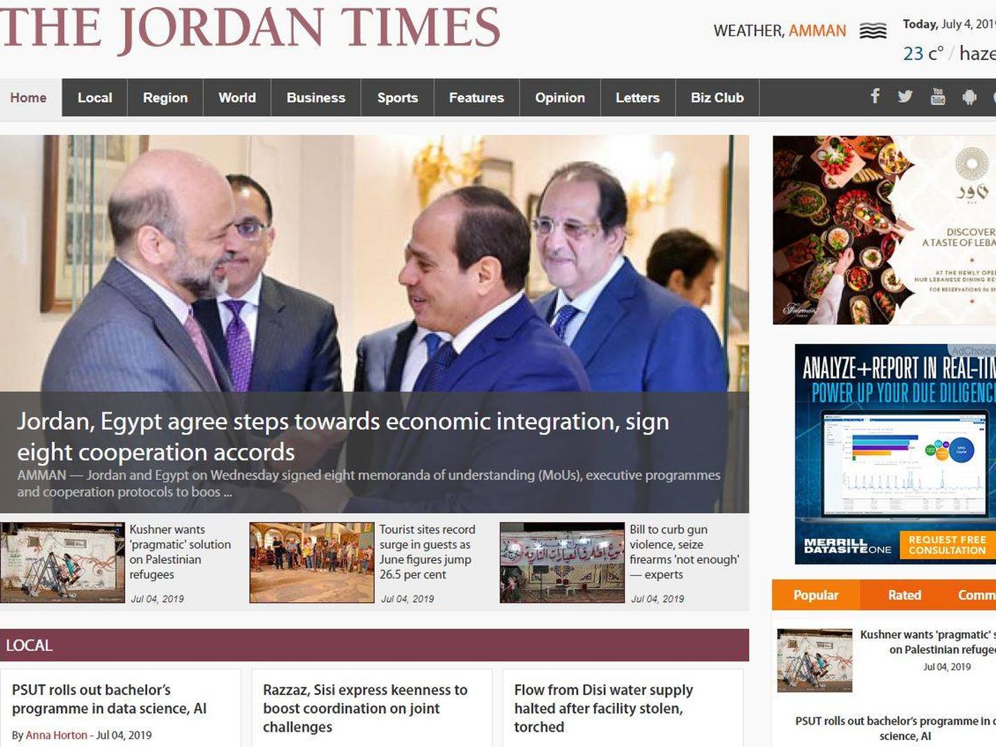 Portada de la edición digital de 'The Jordan Times' del 4 de julio.