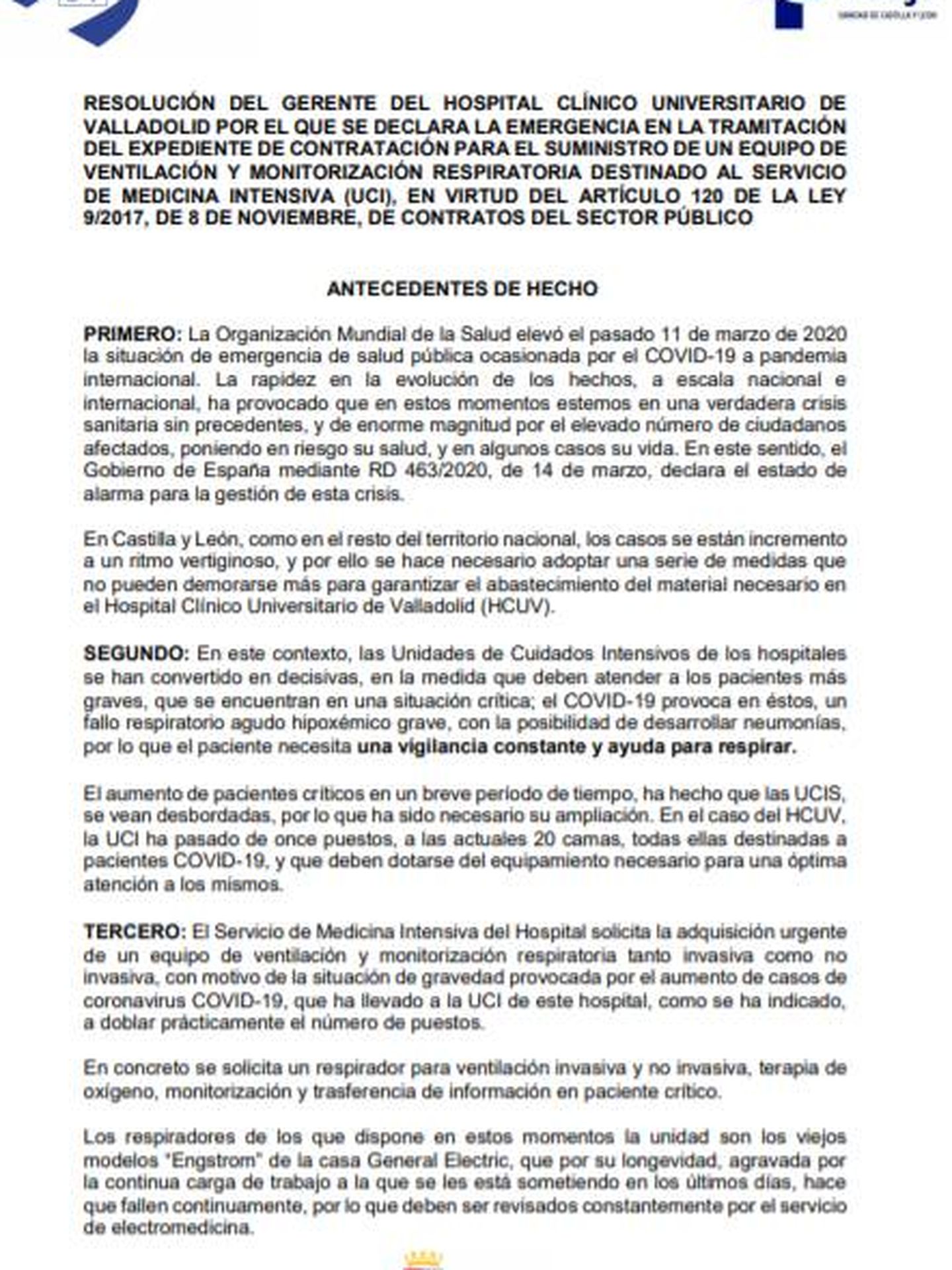 Resolución de la Gerencia del Hospital Clínico Universitario de Valladolid para la compra de equipo de respiración