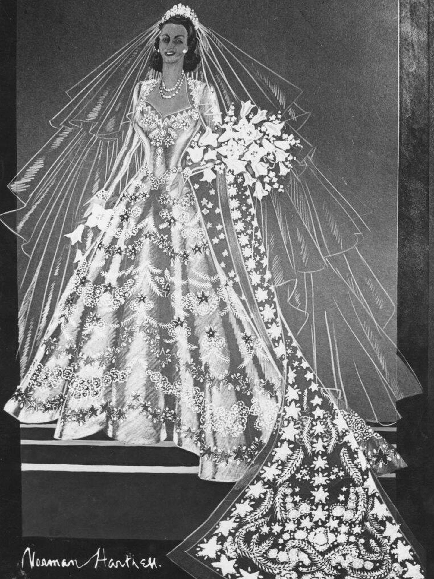 Boceto del vestido de novia de Norman Hartnell. (Getty) 