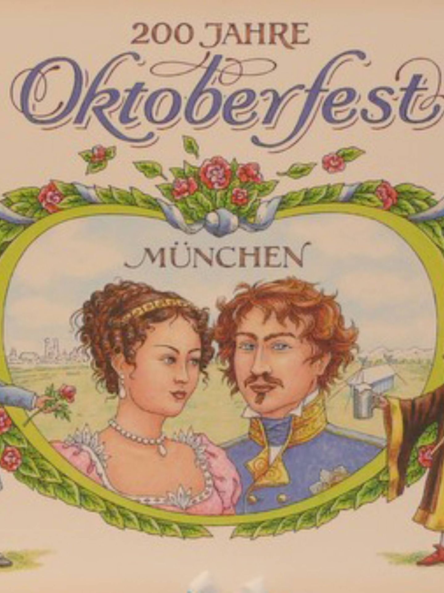 Cartel conmemorativo por el 200º aniversario del Oktoberfest en 2010, con una ilustración de los príncipes Teresa y Luis de Baviera. (Cortesía/Oficina de Turismo de Múnich)