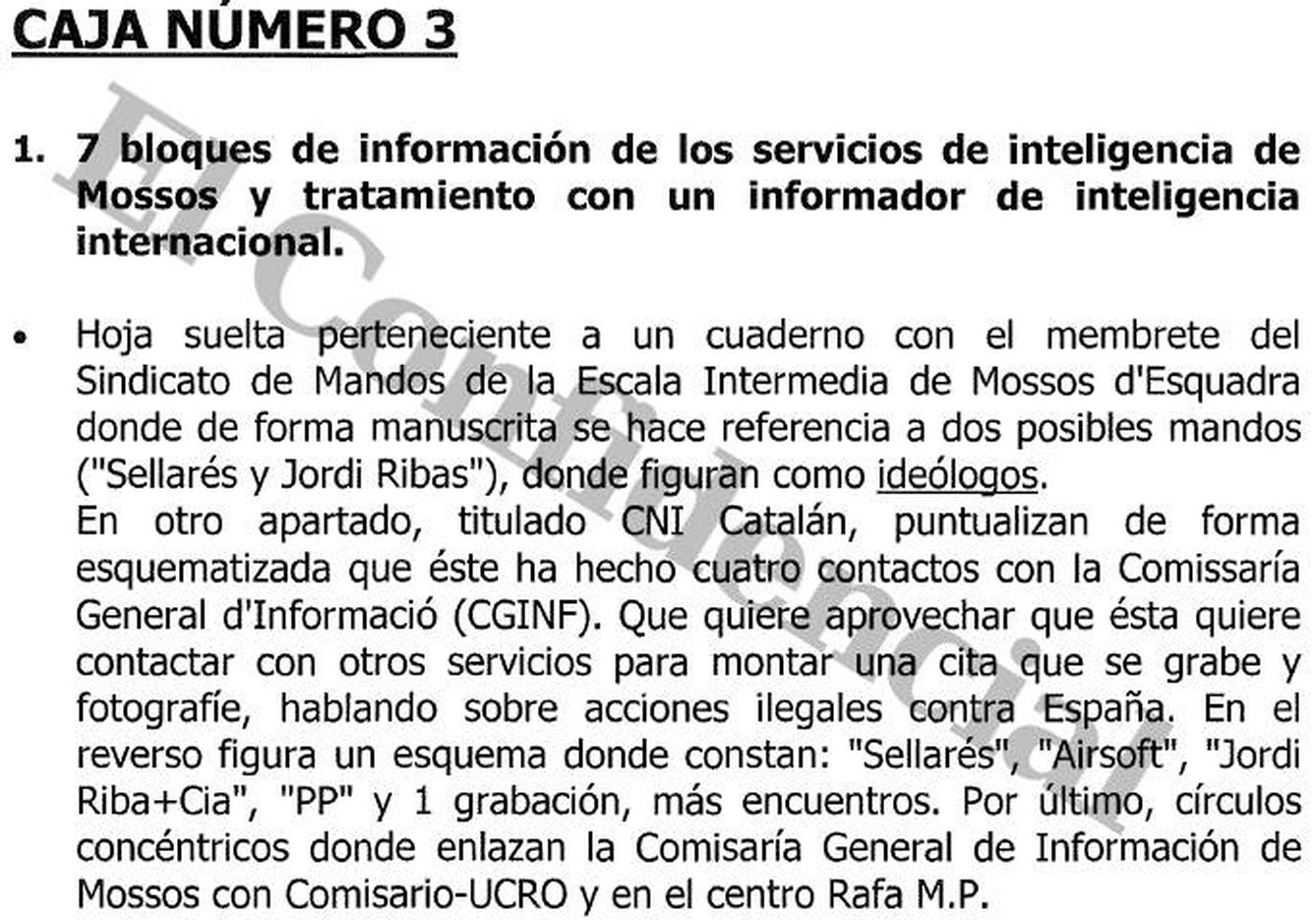 Fragmento del informe de CNP Barcelona sobre el material decomisado a los Mossos