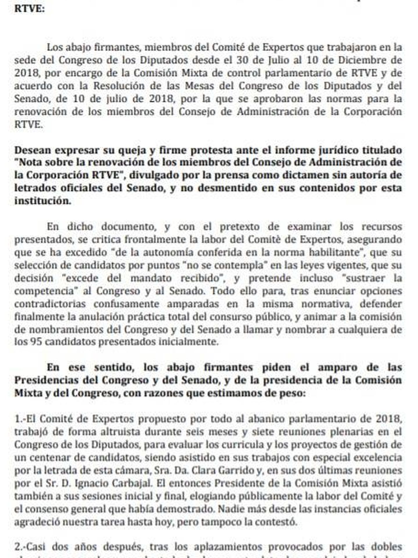 Consulte aquí en PDF el escrito que firman 13 de los 17 miembros del comité de expertos de RTVE contra los letrados de la Comisión Mixta de control parlamentario de la corporación. 