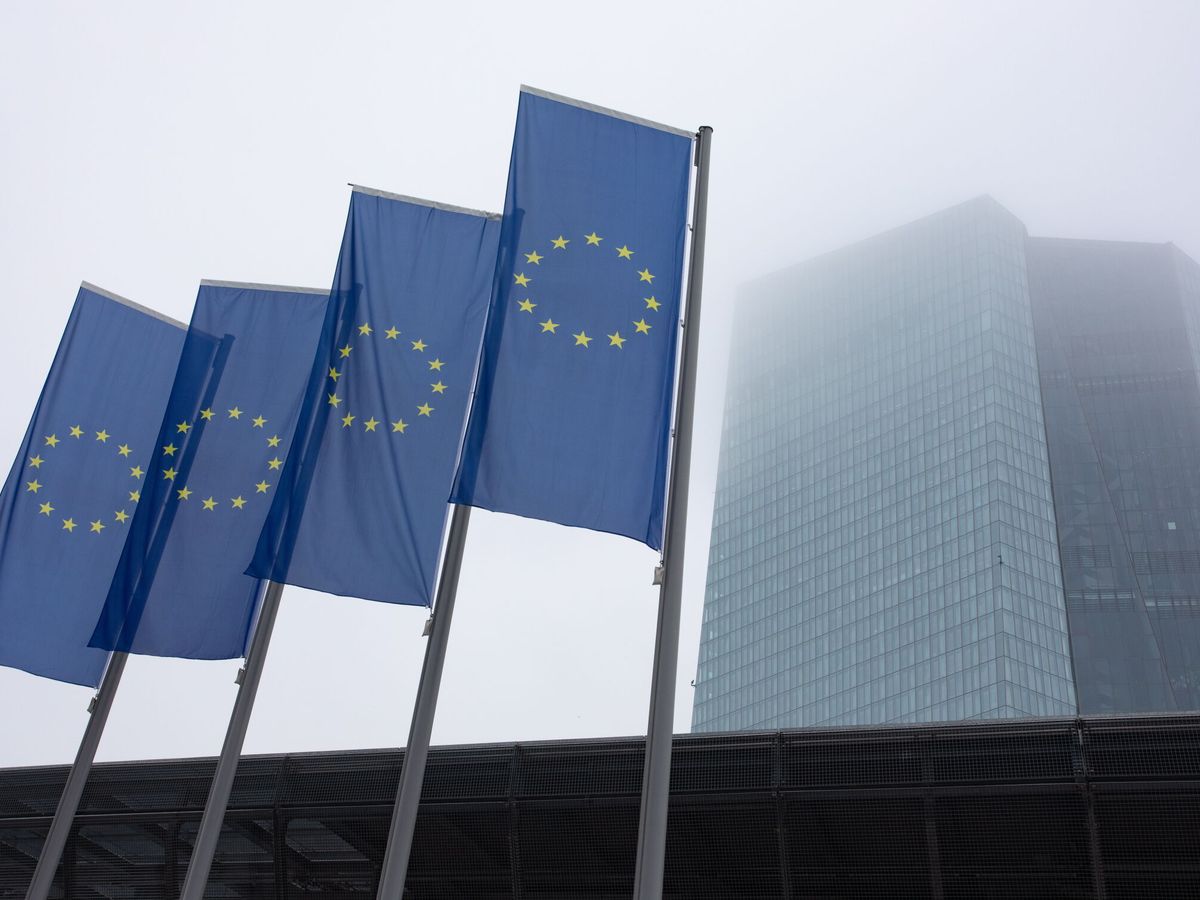 Foto: Banderas de la UE fuera del complejo de edificios de oficinas del Banco Central Europeo (BCE). (EFE/Andre Pain)