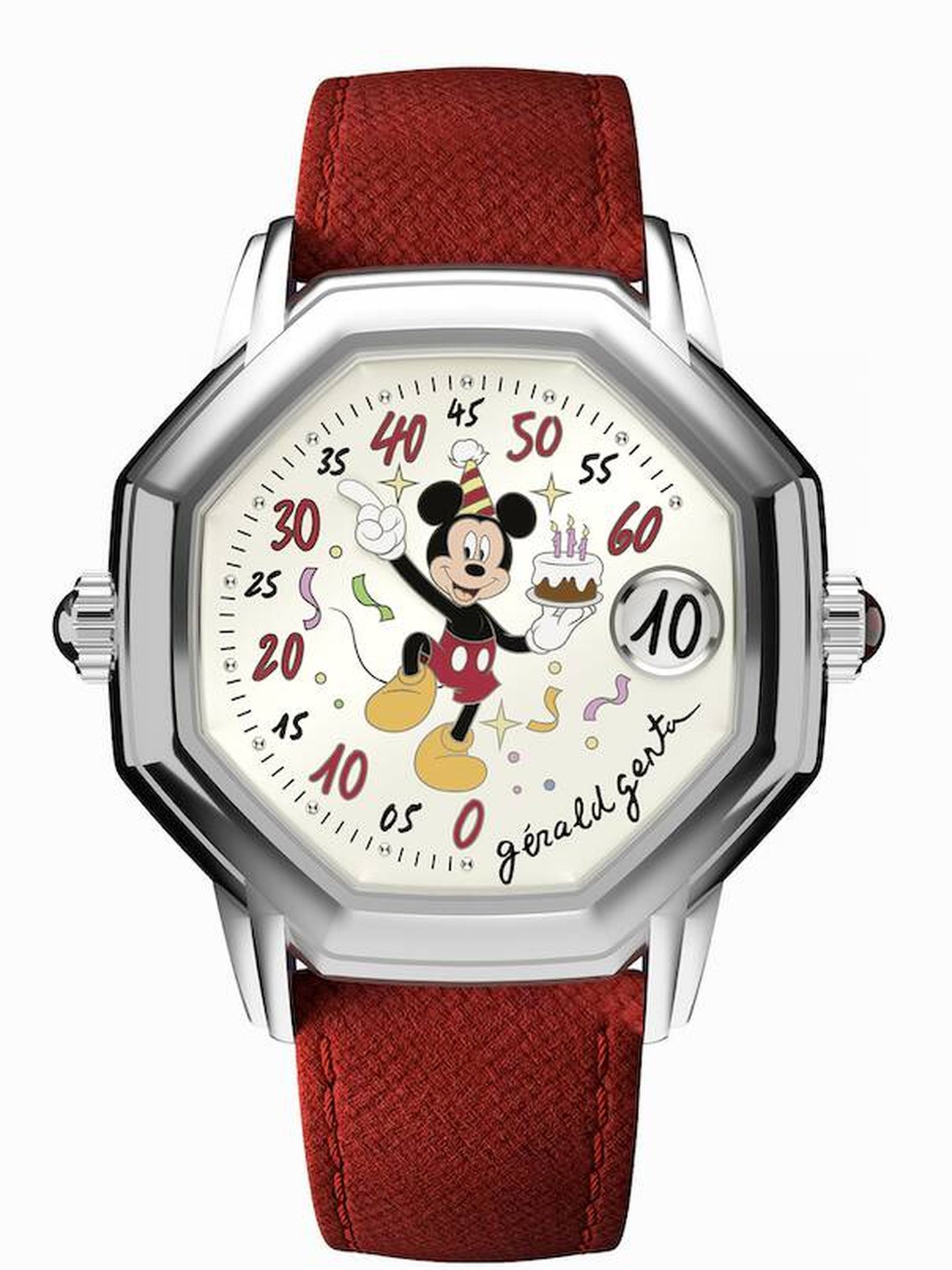 El brazo giratorio de Mickey Mouse apunta a los minutos retrógrados. (Cortesía)