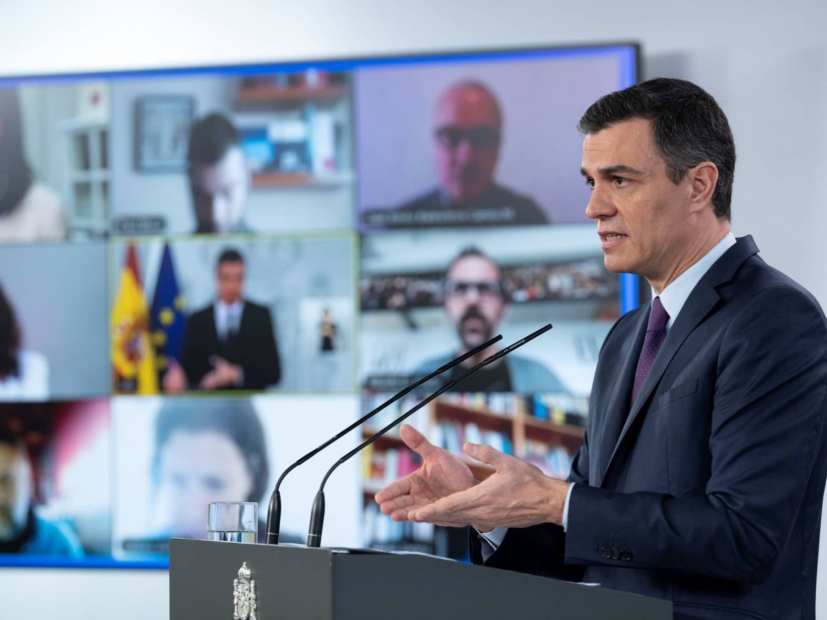 Foto: Pedro Sánchez, durante su comparecencia en la Moncloa de este 16 de mayo de 2020. (Borja Puig | Pool Moncloa)
