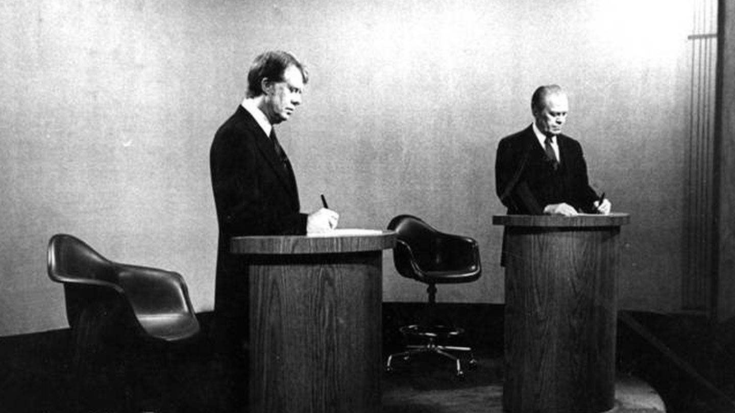 El gobernador Jimmy Carter y el presidente Gerald Ford, durante el debate en 1976.
