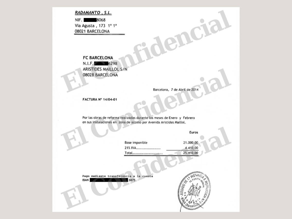 Foto: La factura que el directivo clave del caso Negreira giró al Barça por unas obras en el Camp Nou.