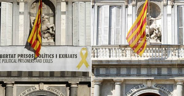 Foto: El Palau de la Generalitat antes y después de la retirada de la pancarta con el lazo amarillo