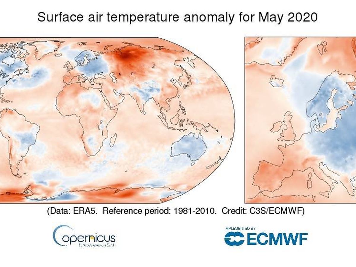 Foto:  Anomalía de la temperatura del aire en superficie en mayo de 2020 en relación con la media de mayo para el periodo entre 1981 y 2010. Fuente de los datos: ERA5. Crédito: Servicio de Cambio Climático de Copernicus (CEPMPM)