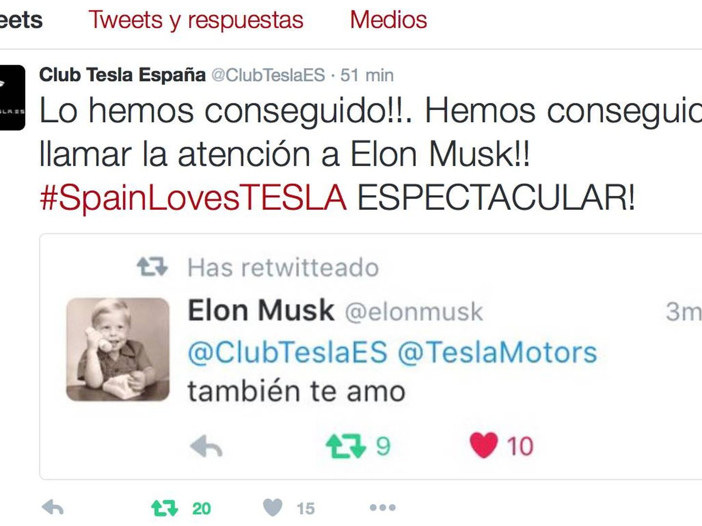 El tuit de respuesta de Elon Musk a la campaña #spainlovestesla