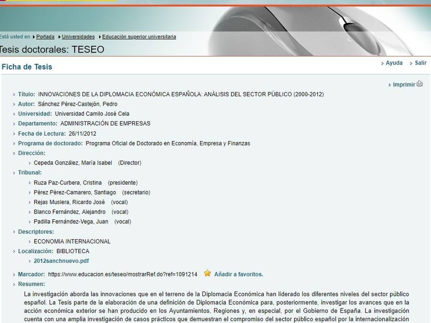 Ficha de la tesis doctoral en la web de TESEO