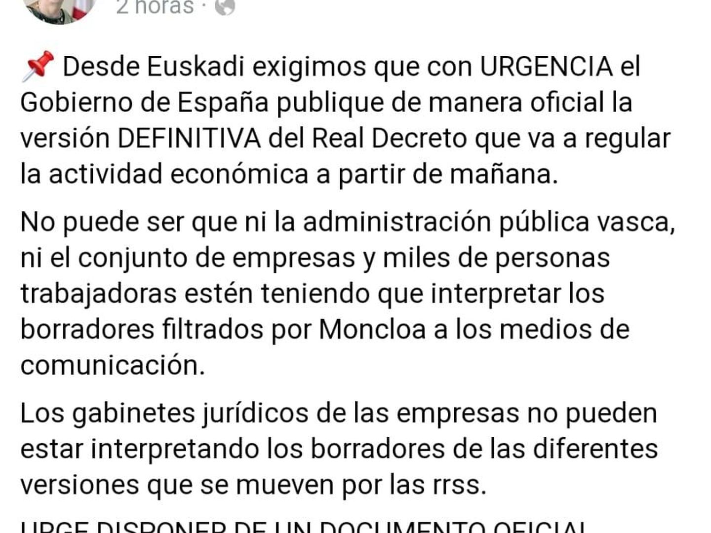 Mensaje público de la consejera de Industria del País Vasco, Arantxa Tapia.