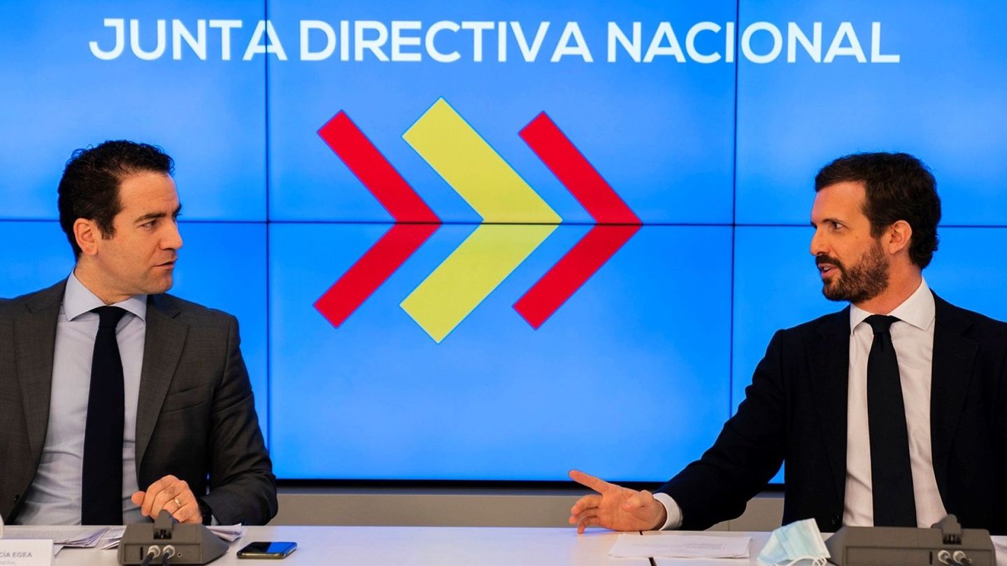 El presidente del PP, Pablo Casado, y el secretario de Organización, Teodoro García Egea. (EFE)
