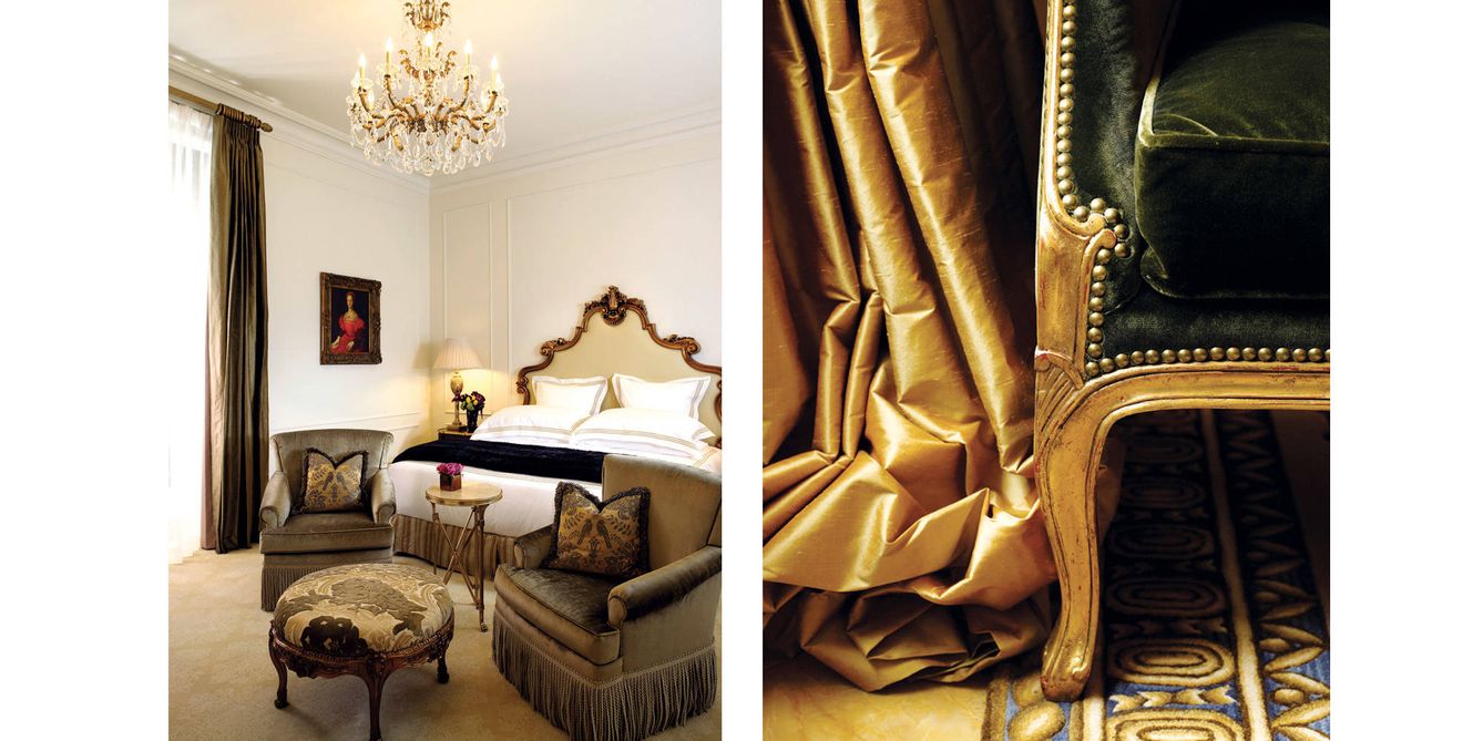 A la izquierda, parte de una habitación (cada una dispone de un mayordomo en exclusiva) y detalle de un sillón estilo Luis XV, ejemplo de la decoración clásica del célebre hotel. (Foto: Roberto Sorrentino)