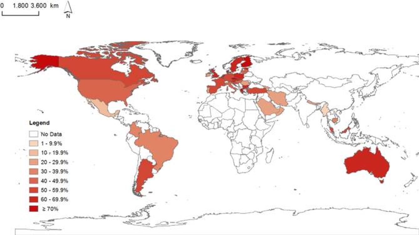 Prevalencia de personas que permanece sentado más de 3 horas al día. Datos de 54 países desde 2002 a 2011. (SINC)