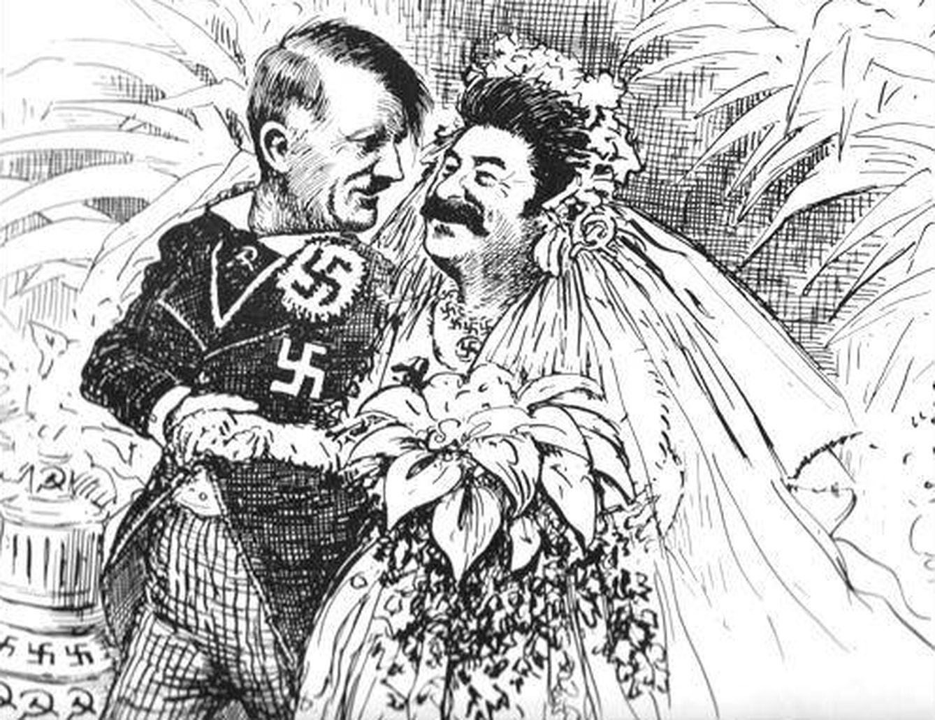 Una caricatura de finales de los años 30 después del pacto Ribbentrop-Mólotov en la que Hitler y Stalin contraen matrimonio. (Archivo)