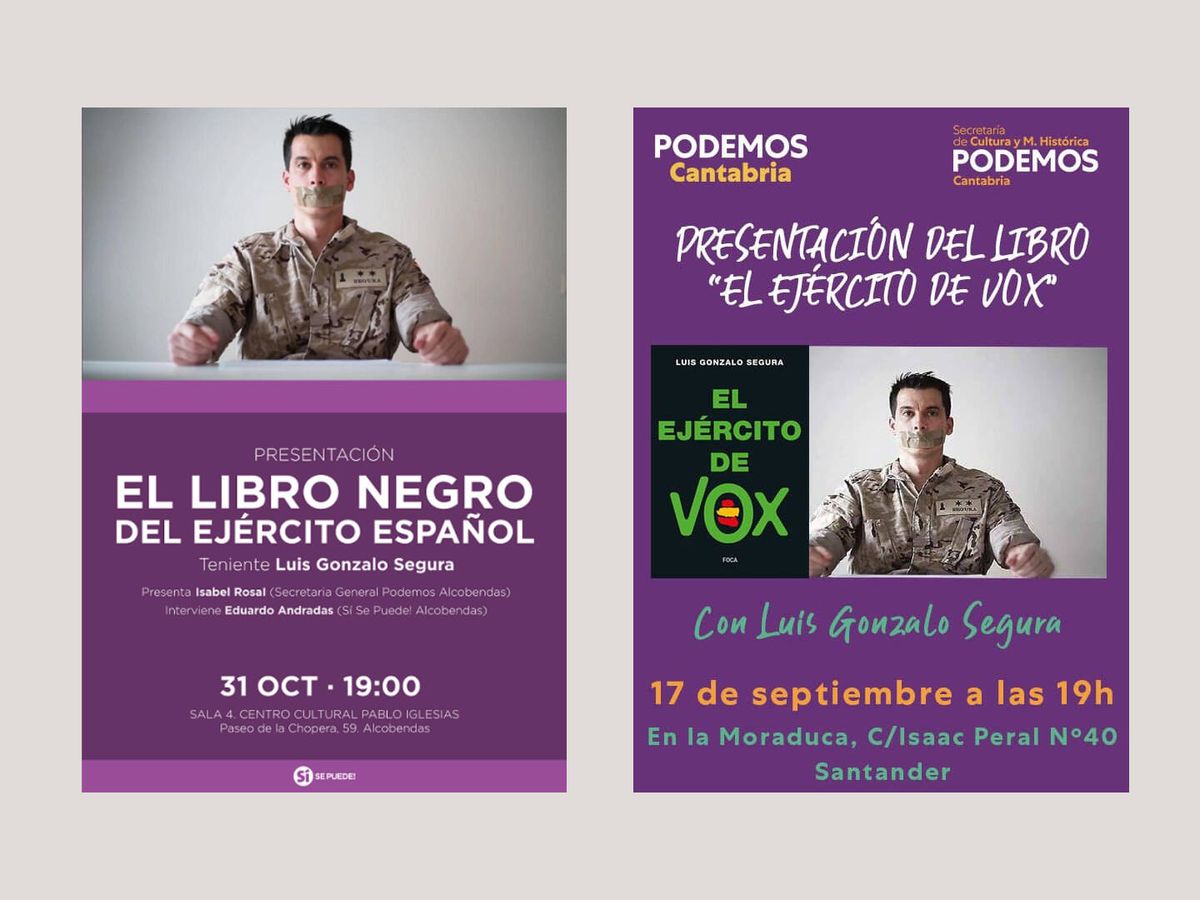 Foto: Carteles de Podemos anunciando actos del exmilitar español que colabora con Russia Today.