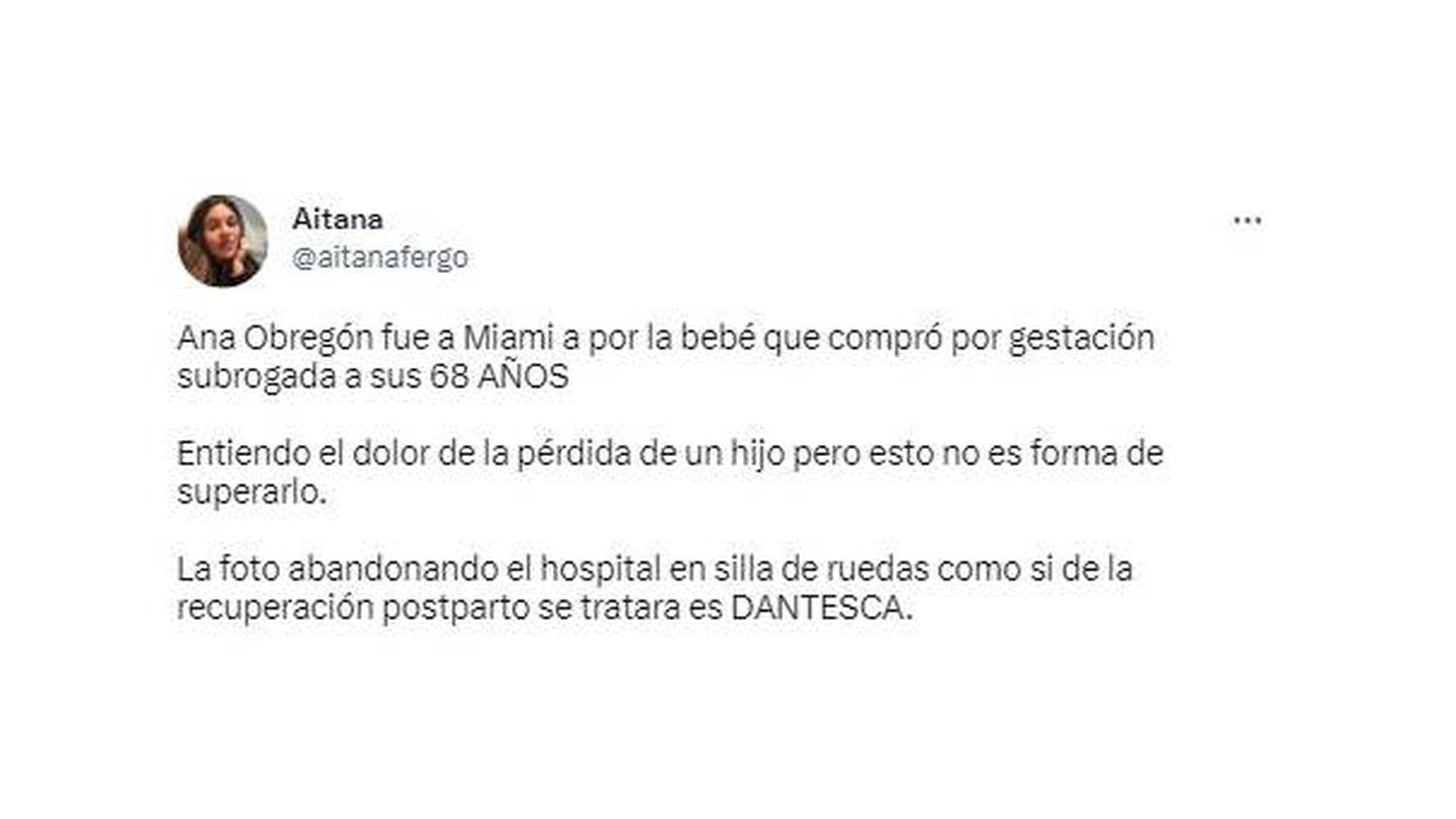 Uno de los tuits en los que se cuestiona la salida del hospital de Ana Obregón. (Twitter) 