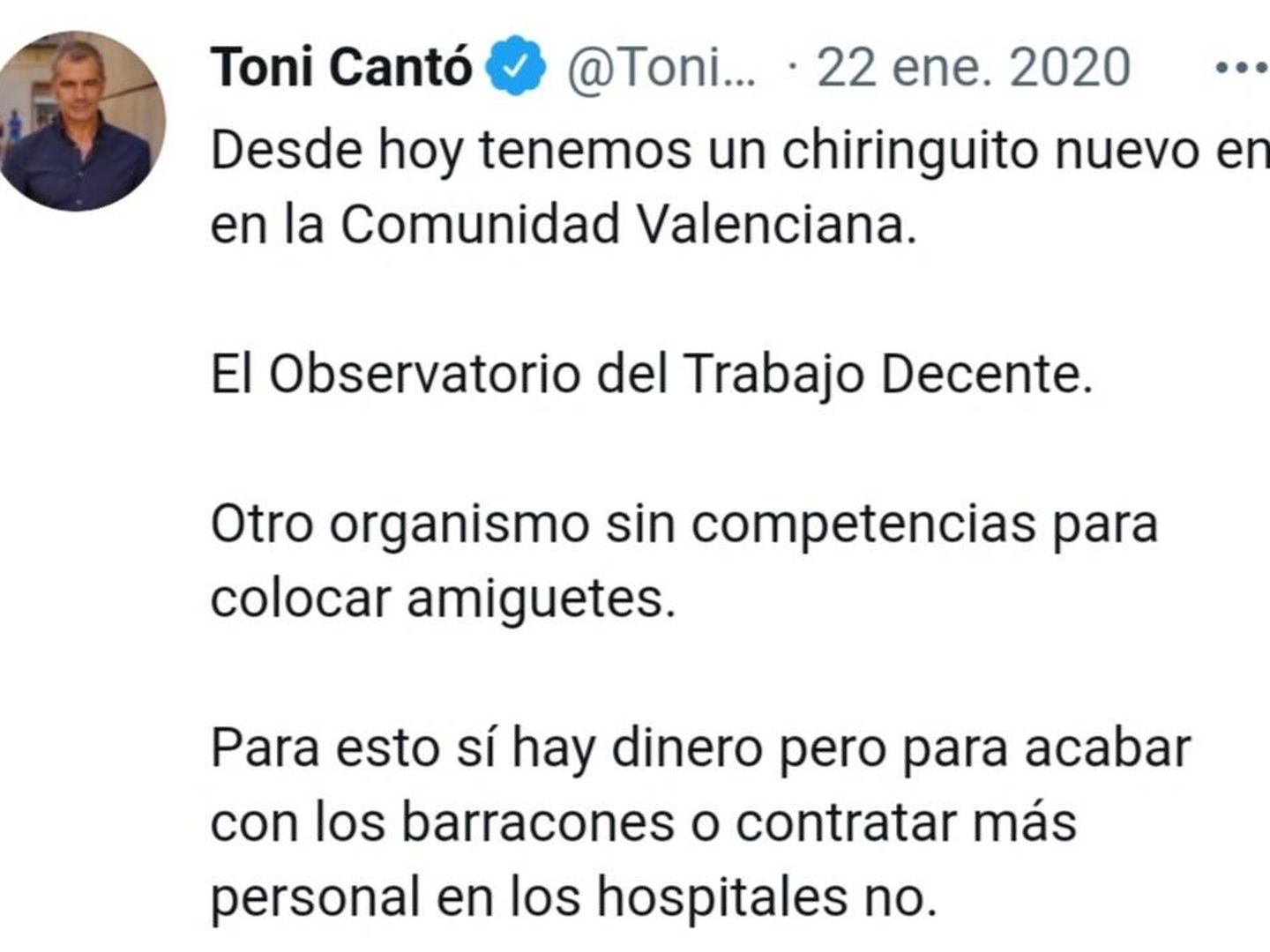 Tuit de Toni Cantó en enero de 2020.