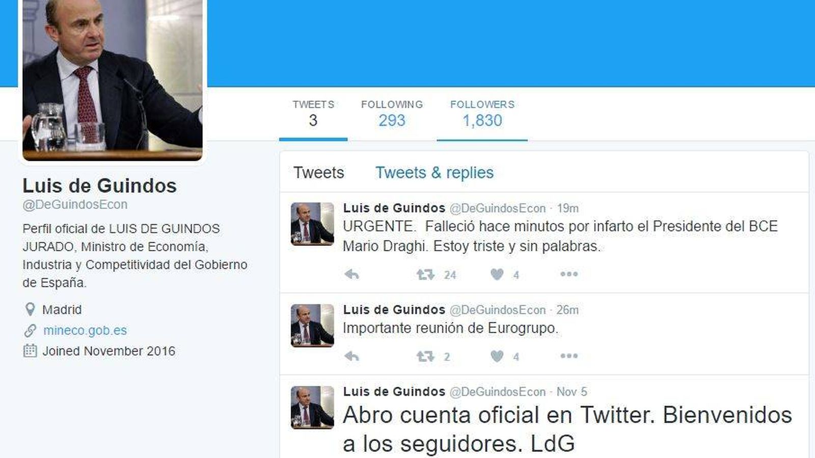 Foto: Pantallazo de la falsa cuenta ya eliminada de Luis de Guindos.