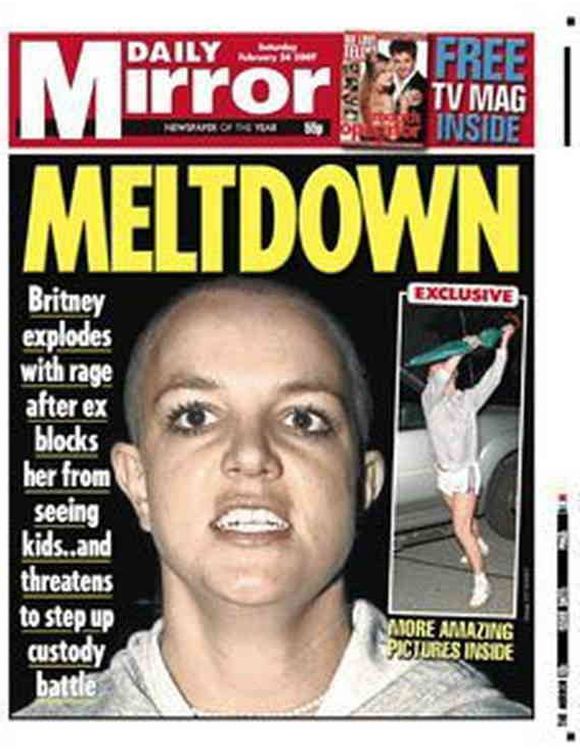Britney Spears, con el cabello rapado, en la portada del 'Daily Mirror' en 2007. (Daily Mirror)