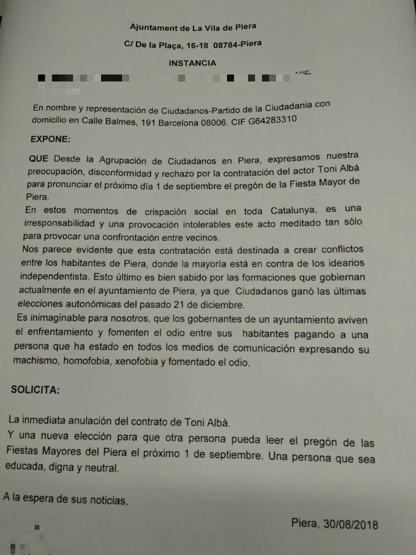 Instancia presentada ante el Ayuntamiento de Piera por la agrupación de Cs.