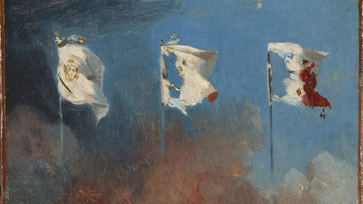 Alegoría de las Tres Gloriosas: la bandera de la Francia de la Restauración (blanca, con el escudo), se ve paulatinamente cambiada hasta transformarse en la bandera tricolor, manchada con el rojo de la sangre y recortada contra el azul del cielo. Óleo de León Cogniet