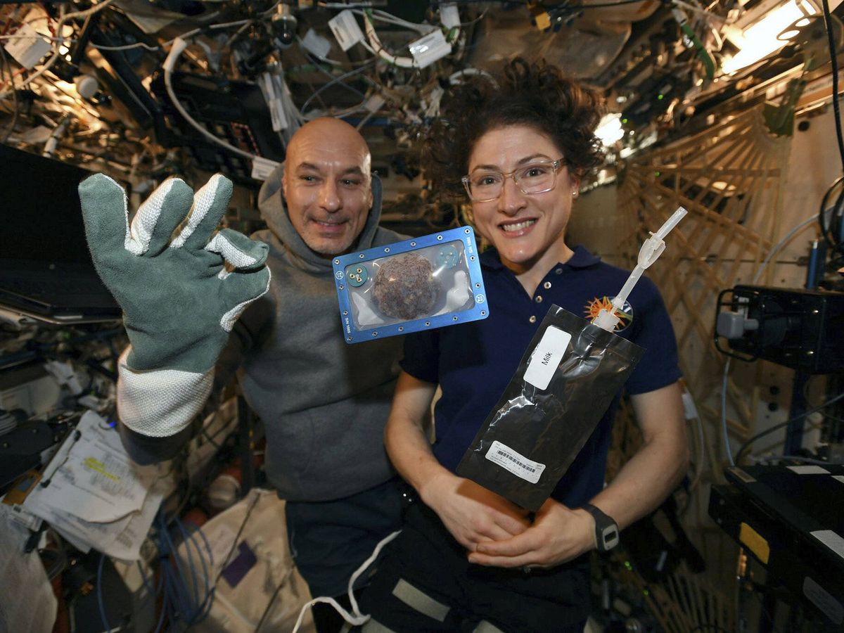 Foto: Los astronautas Christina Koch y Luca Parmitano, con sus recién horneadas galletas. Foto: NASA