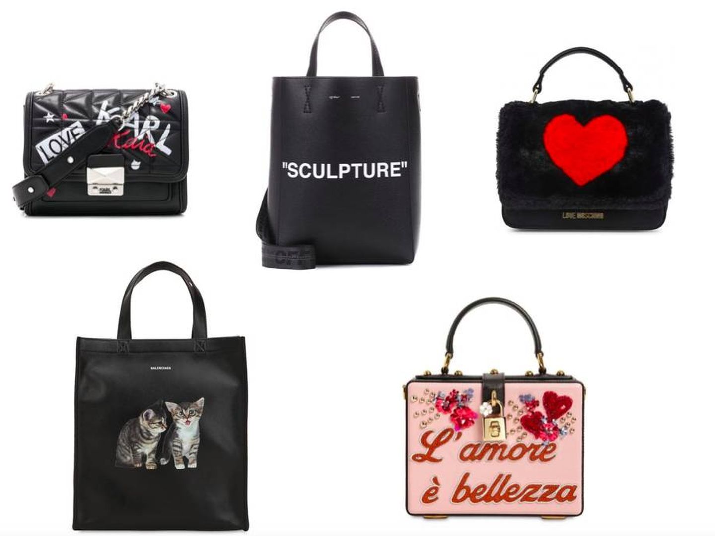 Con grafiti de Revolve (419,98 €), shopping-bag de Off-White (675 €), con corazón de Moschino (180 €), maxi con gatos de Balenciaga (1.250 €) y doctor bag de Dolce & Gabbana (1.950 €).