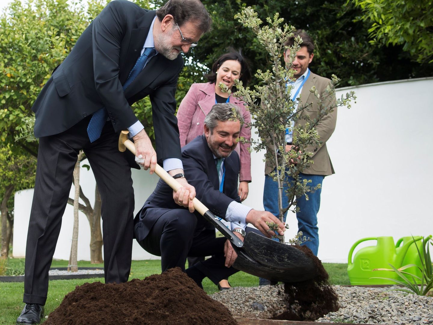 El presidente del Gobierno, Mariano Rajoy, plantando una encina en la Convención Nacional del PP. (EFE)
