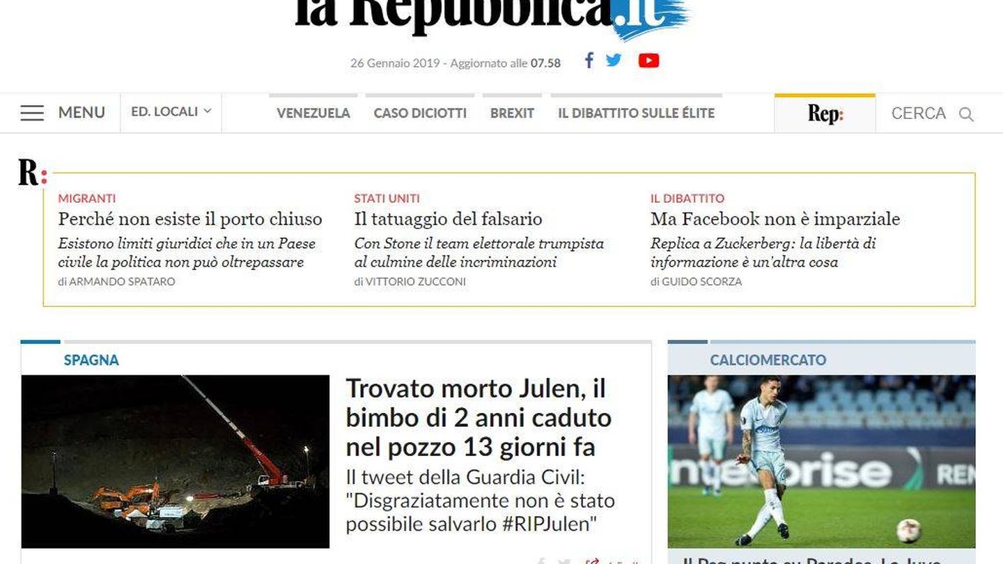 Noticia del rescate de Julen en Repubblica