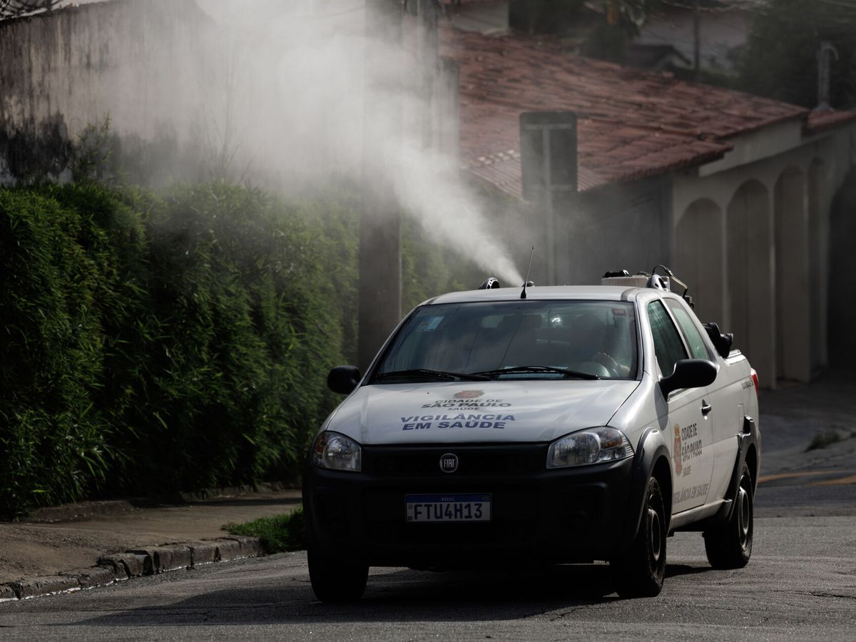 Foto: Un 'carro de humo' fumiga contra larvas y mosquitos responsables del dengue en Sâo Paulo. (EFE/Isaac Fontana)