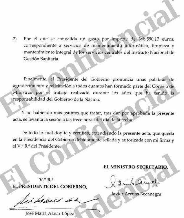 Pinche en la imagen para leer el acta completa del último Consejo de Ministros presidido por Aznar.