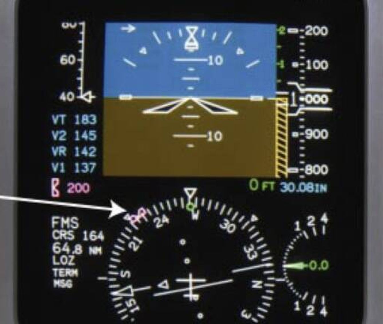 PFD del avión en el que se indica cómo y dónde se muestra el rumbo magnético.