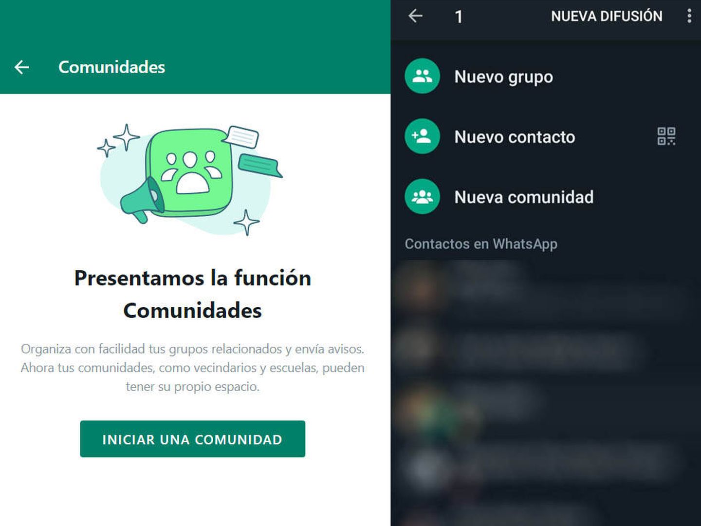 Captura de pantalla de la función de comunidades de WhatsApp en PC (izquierda) y Android (derecha)
