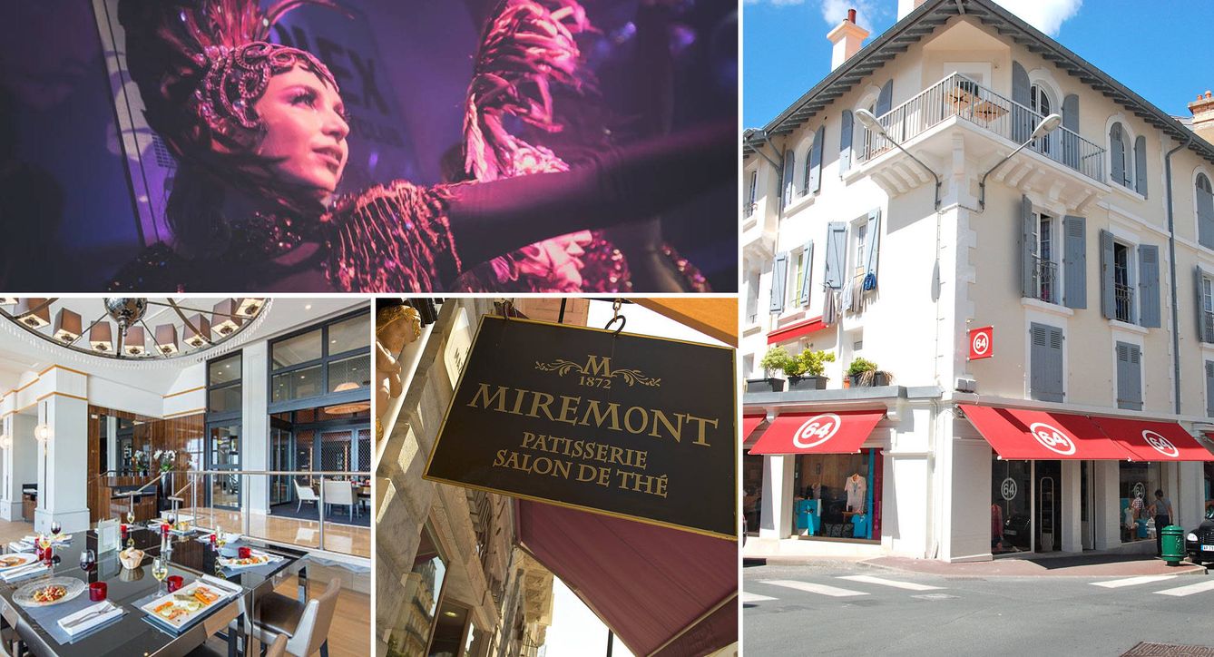 De izquierda a derecha y de arriba a abajo: Duplex Nightclub, tienda 64, chocolatería Miremont y el Casino de Biarritz. 