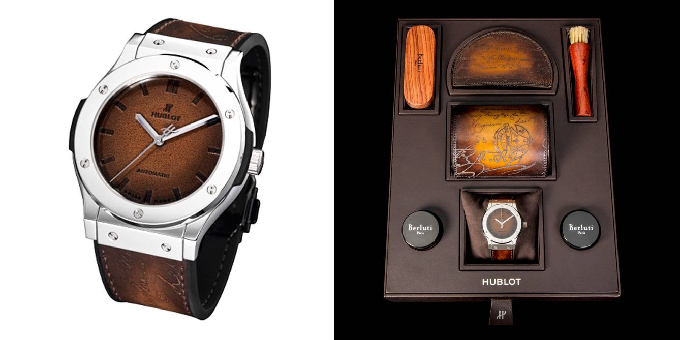 A la izquierda, reloj Classic Fusion Berluti Platinum. A la derecha, el kit exclusivo presentado por Hublot y Berluti. 