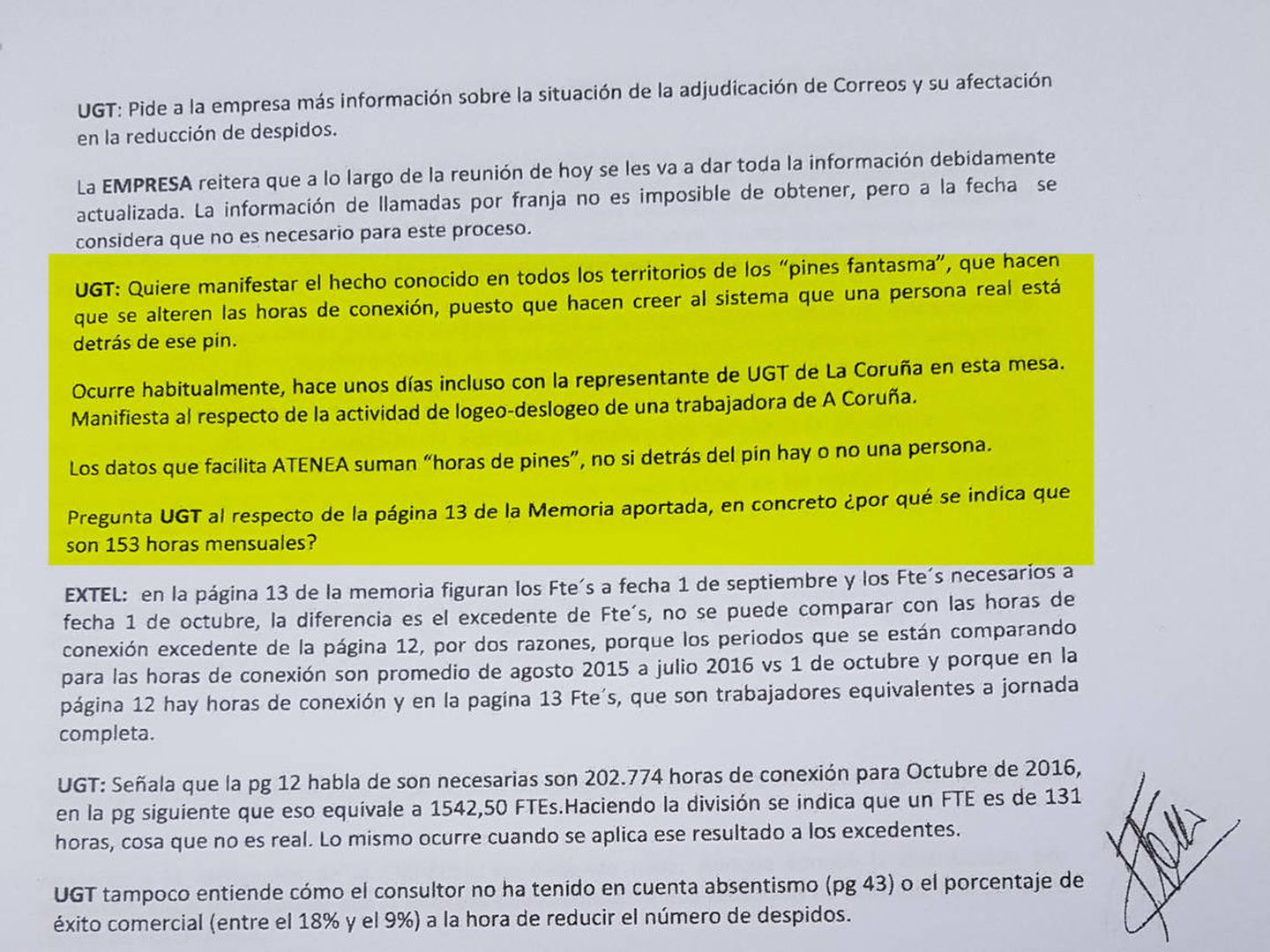 Acta de negociación de ERE entre Extel, Telefónica y los sindicatos. La transcripción atestigua que todos los actores tenían conocimiento de la situación en 2016.