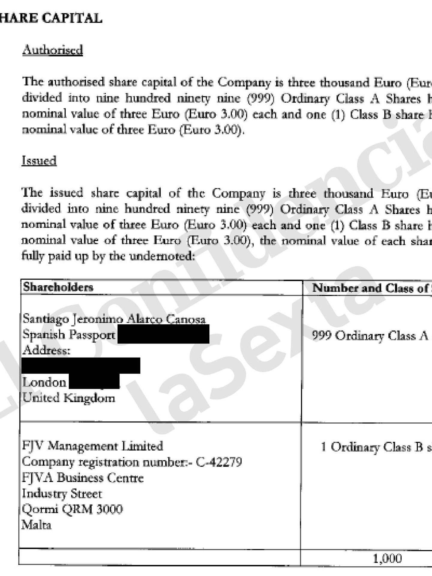 Documento administrativo del registro de Malta que acredita la condición de accionista de Santiago Alarcó.
