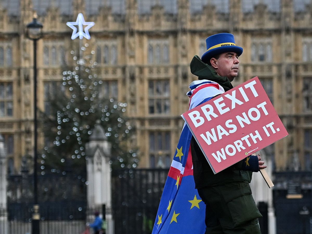 Foto: Protesta de un activista contrario al Brexit, frente al Parlamento británico, el pasado 30 de diciembre. (EFE)