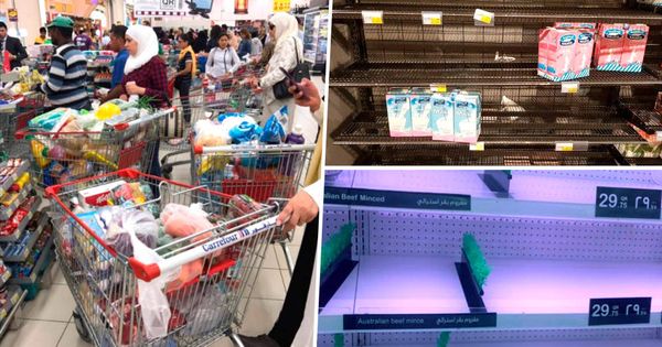 Foto: Imágenes de supermercados llenos y estanterías vacías en varias ciudades de Qatar. (Twitter)