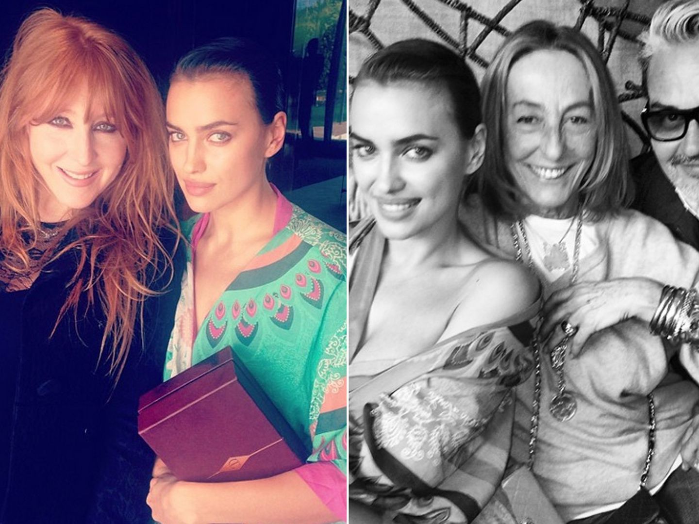 A la izquierda, Irina Shayk con la maquilladora Charlotte Tillbury. A la derecha, con Carlyne Cerf de Dudzeele y Oribe Canales (Instagram)
