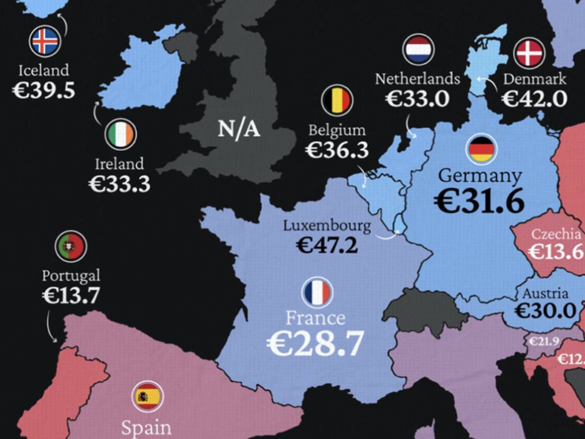 Foto: Este mapa refleja el sueldo bruto medio por hora de los europeos (Visual Capitalist)