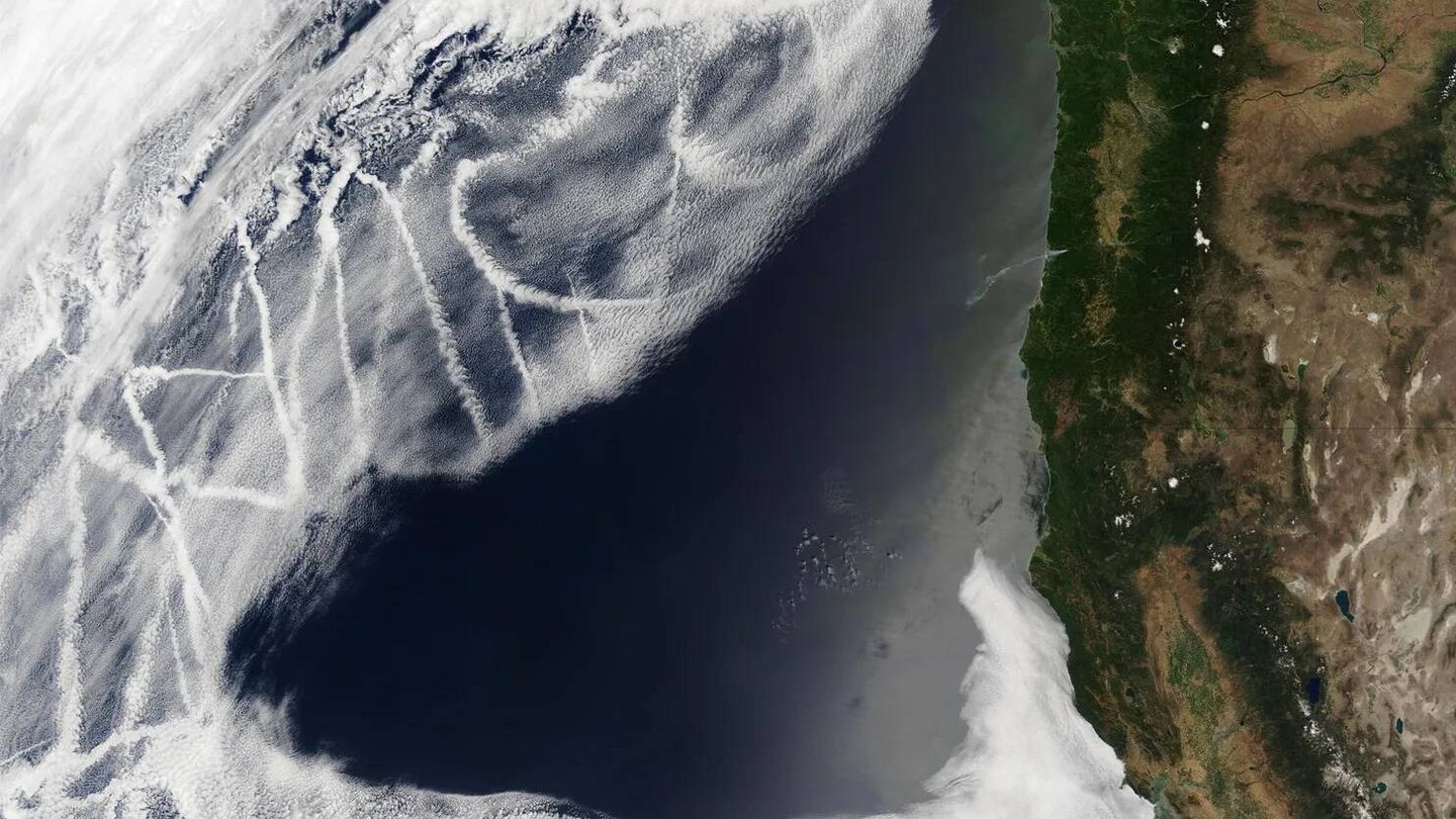 Las líneas blancas son nubes provocadas por el tránsito de barcos. (NASA)