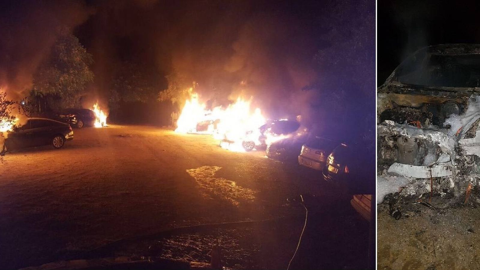 Foto: Varios de los coches de Cabify ardiendo en la Feria de Sevilla y el estado en el que quedaron tras el fuego. (EC)