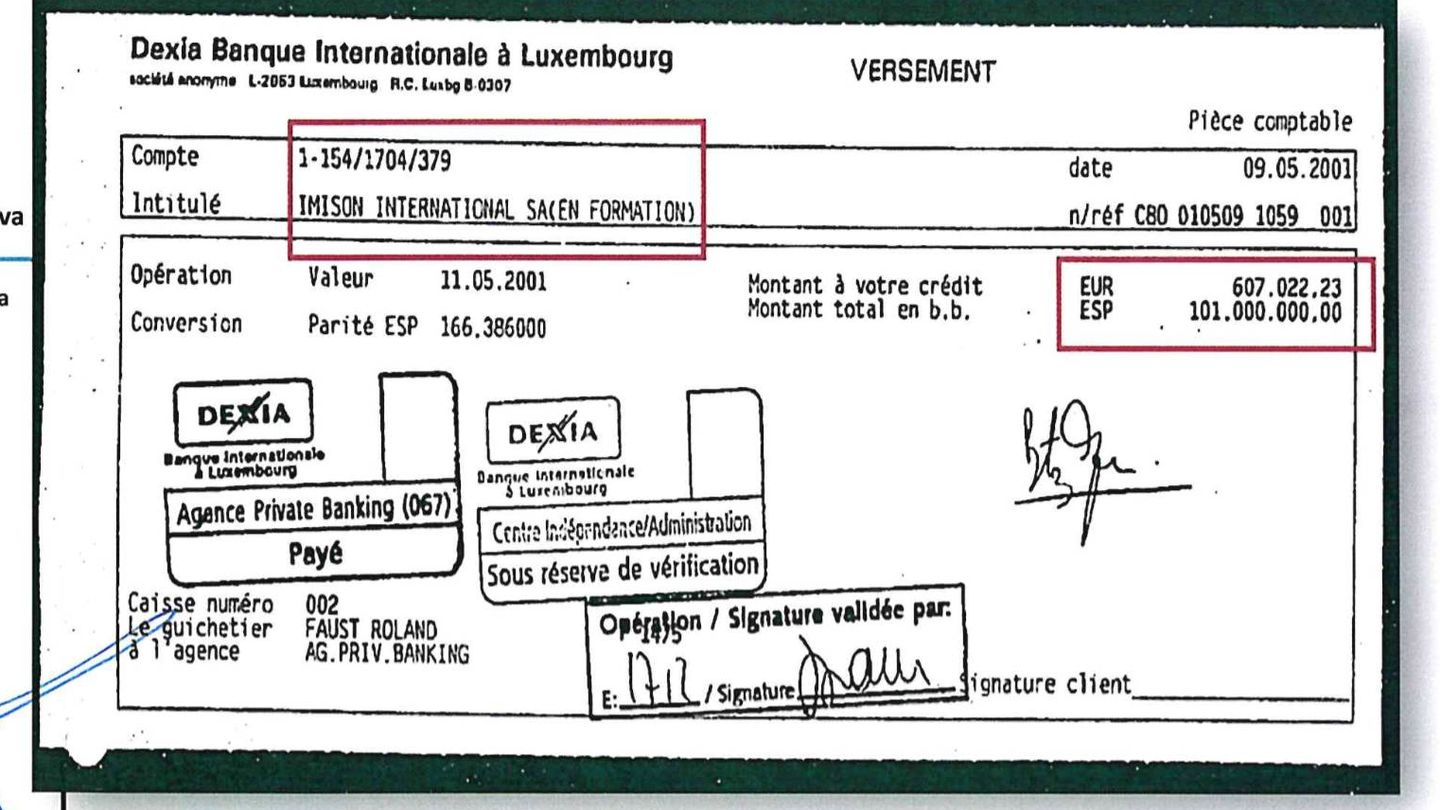 Copia del ingreso de 600.000 euros que Juan Cotino hizo en Luxemburgo cuando era DG de Policía. 